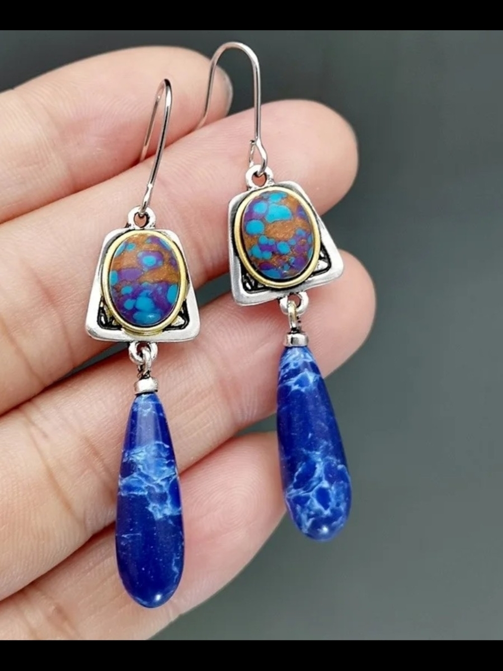 Women's Blue Teardrop Dangle Earrings with Iridescent Oval Accent